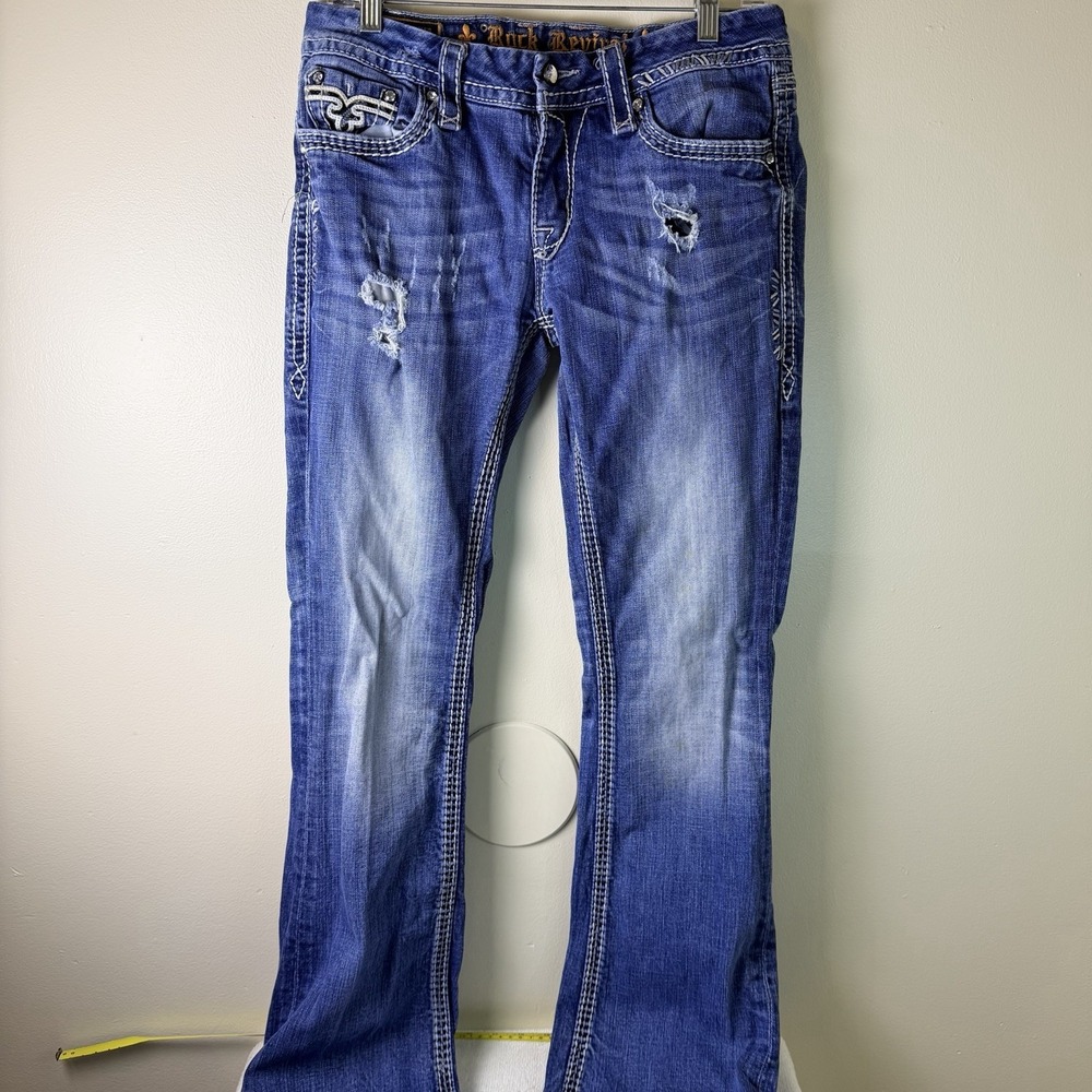 Rock Revival faline Boot Cut Women's Jeans Size 30/32 Distressed Rhinestone